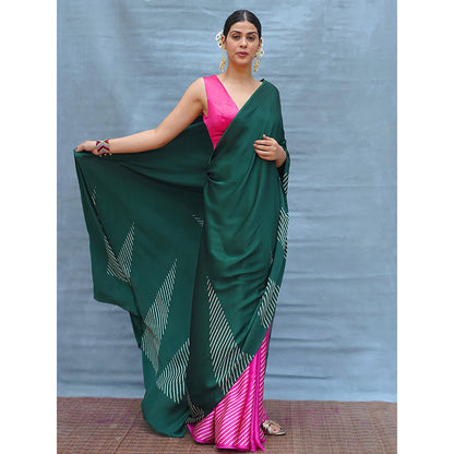 Chidiyaa Easy Flow Green Handblock Print Modal Silk Saree with Unstitched Blouse