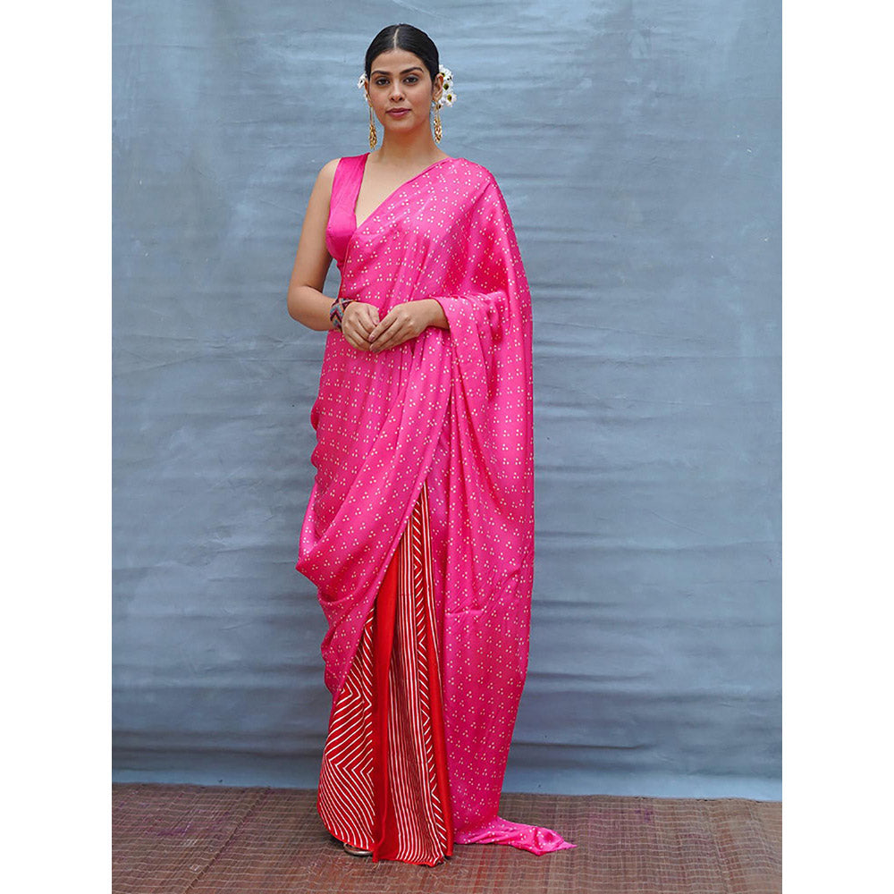 Chidiyaa Light Sway Pink With Red Handblock Print Modal Silk Saree with Unstitched Blouse
