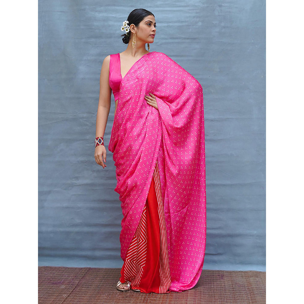 Chidiyaa Light Sway Pink With Red Handblock Print Modal Silk Saree with Unstitched Blouse