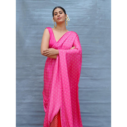 Chidiyaa Light Sway Pink With Red Handblock Print Modal Silk Saree with Unstitched Blouse