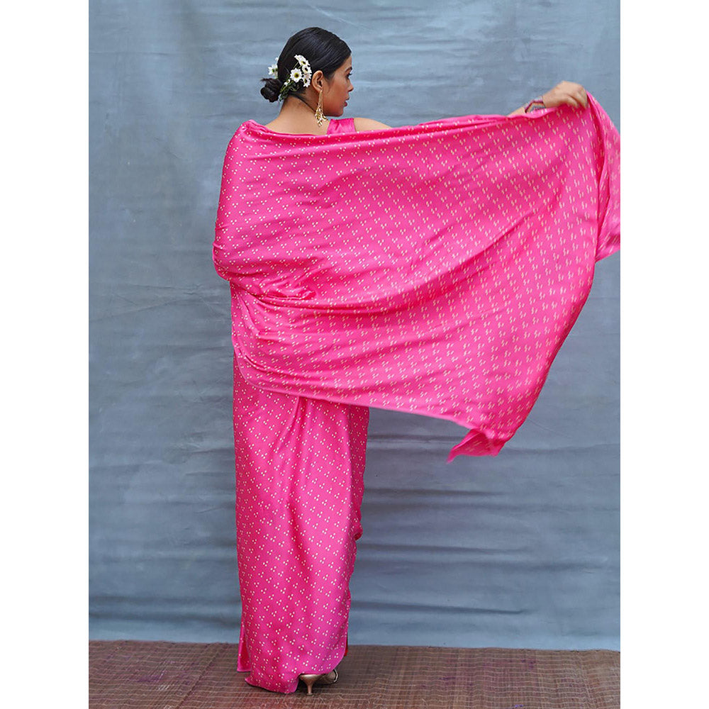 Chidiyaa Light Sway Pink With Red Handblock Print Modal Silk Saree with Unstitched Blouse