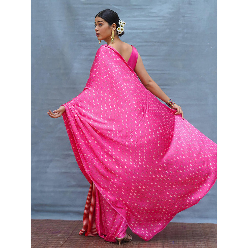 Chidiyaa Light Sway Pink With Red Handblock Print Modal Silk Saree with Unstitched Blouse