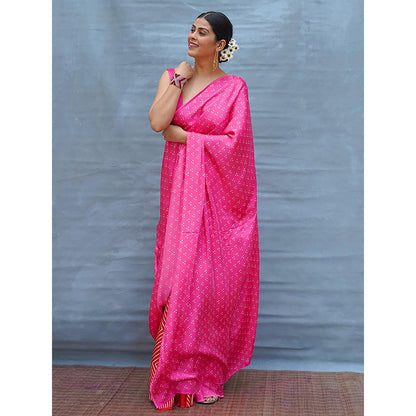 Chidiyaa Light Sway Pink With Red Handblock Print Modal Silk Saree with Unstitched Blouse