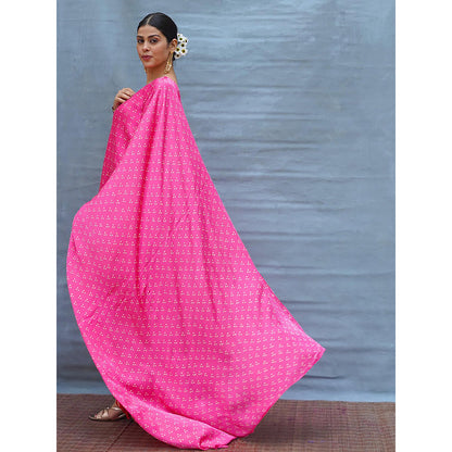 Chidiyaa Light Sway Pink With Red Handblock Print Modal Silk Saree with Unstitched Blouse