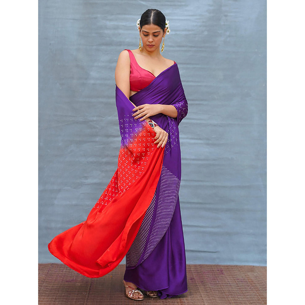 Chidiyaa Still Current Purple Handblock Print Modal Silk Saree with Unstitched Blouse