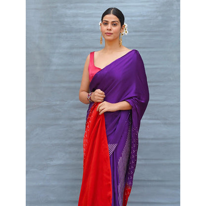 Chidiyaa Still Current Purple Handblock Print Modal Silk Saree with Unstitched Blouse