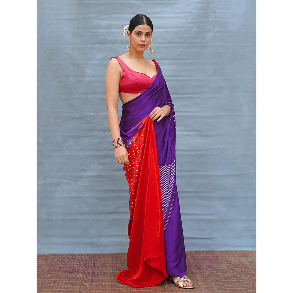 Chidiyaa Still Current Purple Handblock Print Modal Silk Saree with Unstitched Blouse