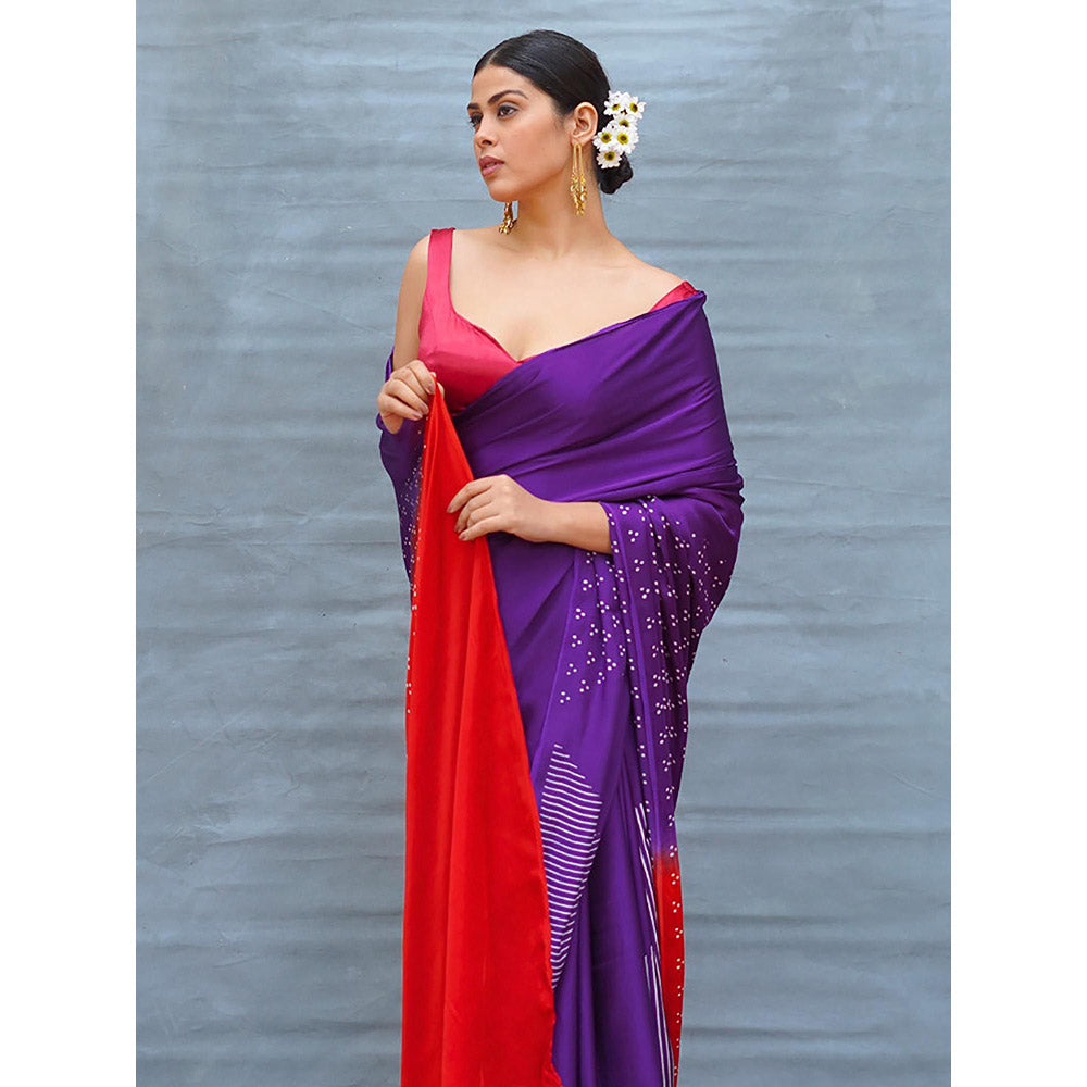 Chidiyaa Still Current Purple Handblock Print Modal Silk Saree with Unstitched Blouse