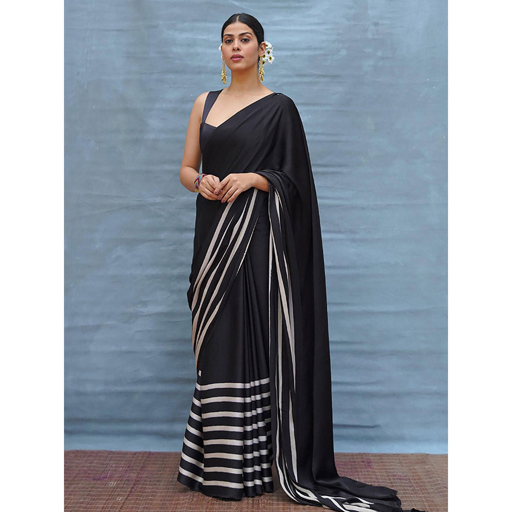 Chidiyaa Airy Fold Black Handblock Print Modal Silk Saree with Unstitched Blouse