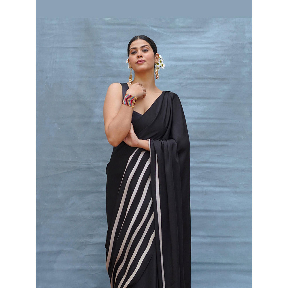 Chidiyaa Airy Fold Black Handblock Print Modal Silk Saree with Unstitched Blouse
