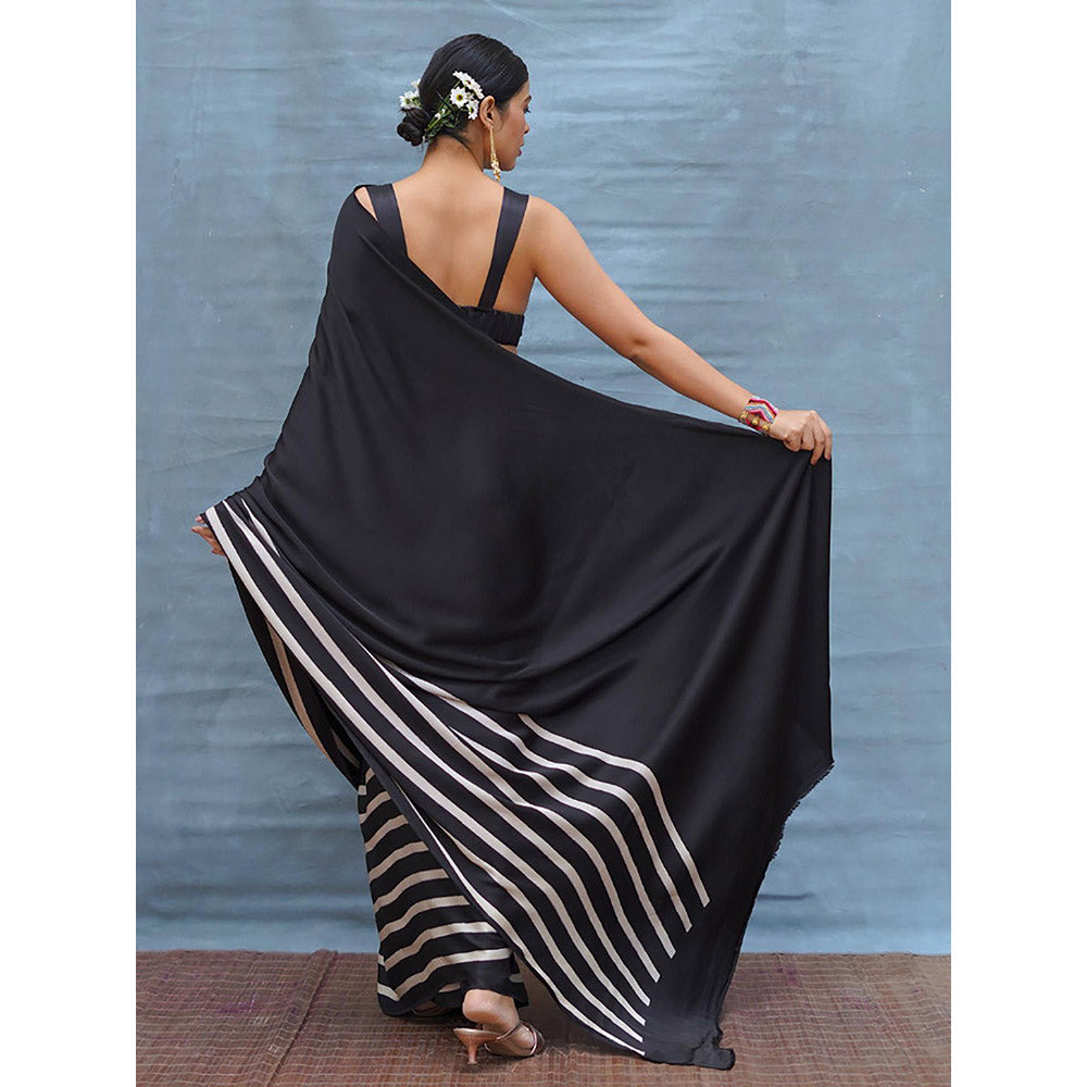 Chidiyaa Airy Fold Black Handblock Print Modal Silk Saree with Unstitched Blouse