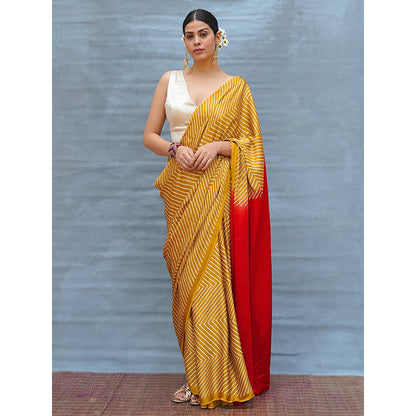 Chidiyaa Calm Glide Yellow Handblock Print Modal Silk Saree with Unstitched Blouse