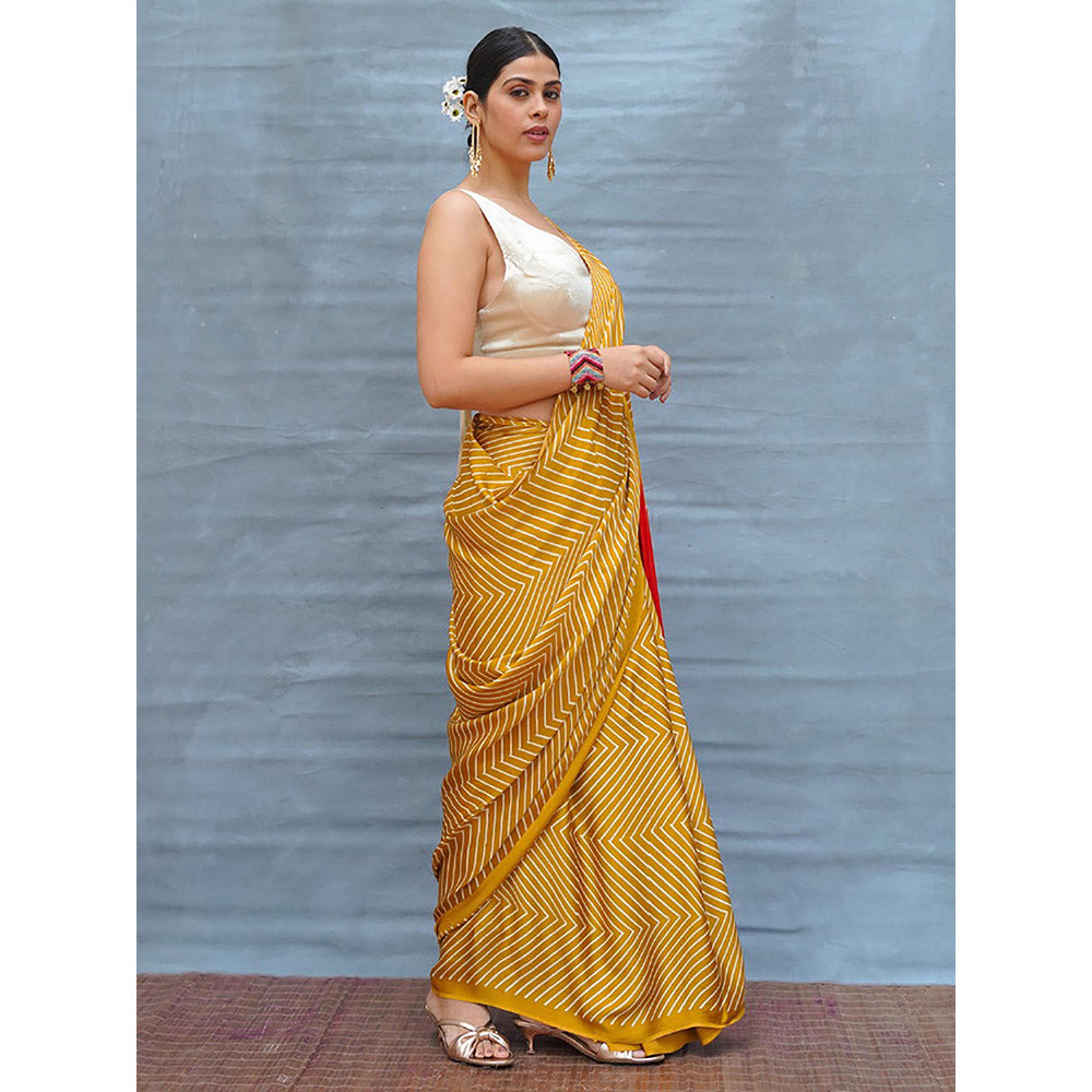 Chidiyaa Calm Glide Yellow Handblock Print Modal Silk Saree with Unstitched Blouse
