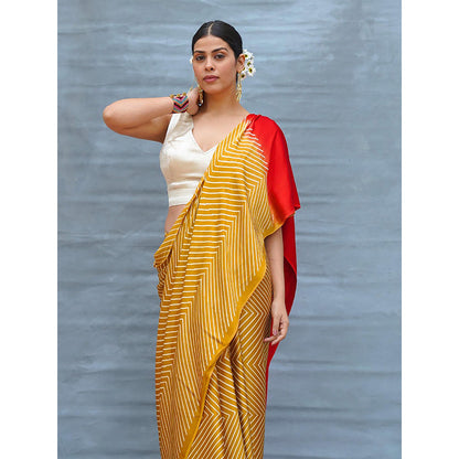 Chidiyaa Calm Glide Yellow Handblock Print Modal Silk Saree with Unstitched Blouse