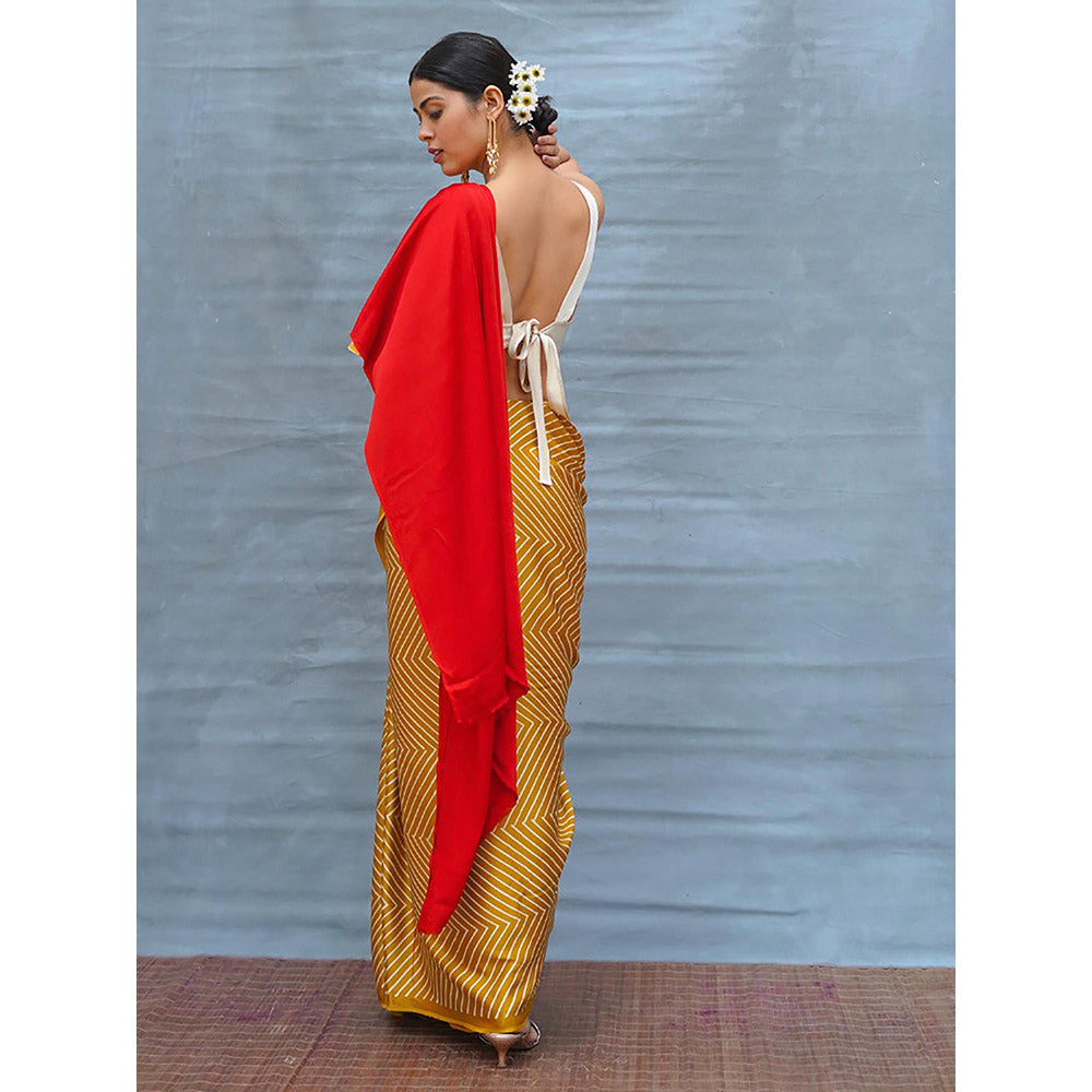 Chidiyaa Calm Glide Yellow Handblock Print Modal Silk Saree with Unstitched Blouse