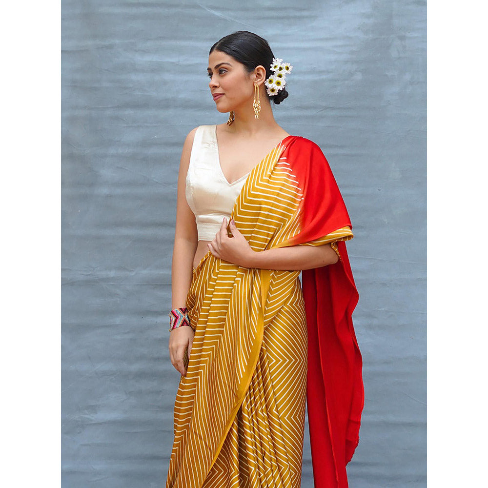 Chidiyaa Calm Glide Yellow Handblock Print Modal Silk Saree with Unstitched Blouse