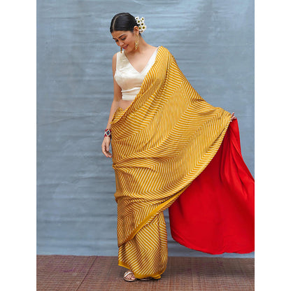 Chidiyaa Calm Glide Yellow Handblock Print Modal Silk Saree with Unstitched Blouse