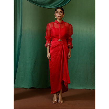 Chokhi Chorri Red Shirt With Slip And Skirt And Belt (Set of 4)