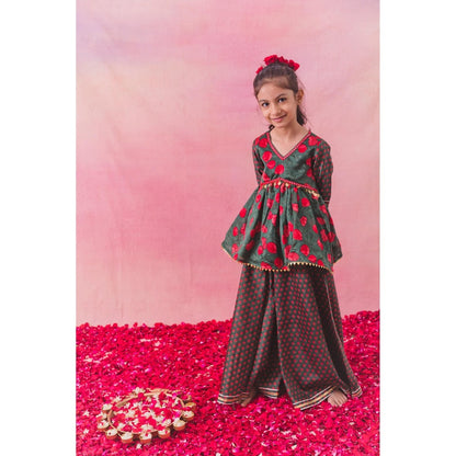 Chotibuti Green Chanderi Printed Kurta with Sharara and Dupatta