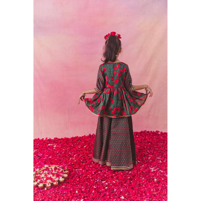 Chotibuti Green Chanderi Printed Kurta with Sharara and Dupatta