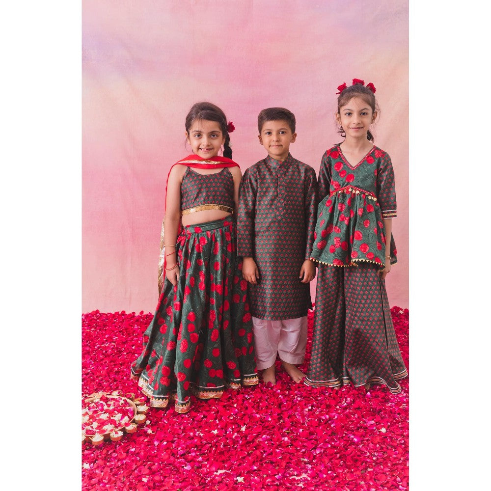 Chotibuti Green Chanderi Printed Kurta with Sharara and Dupatta