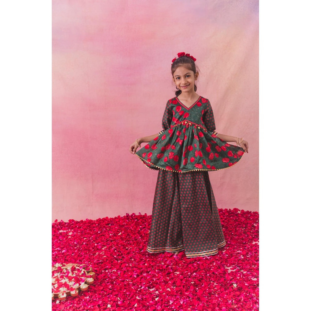 Chotibuti Green Chanderi Printed Kurta with Sharara and Dupatta