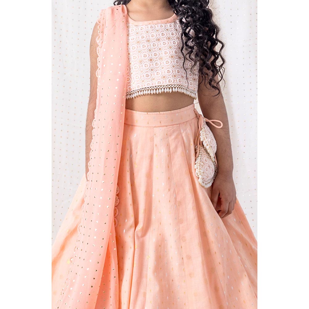Chotibuti Peach Pure Cotton Embroidered Lehnga Set