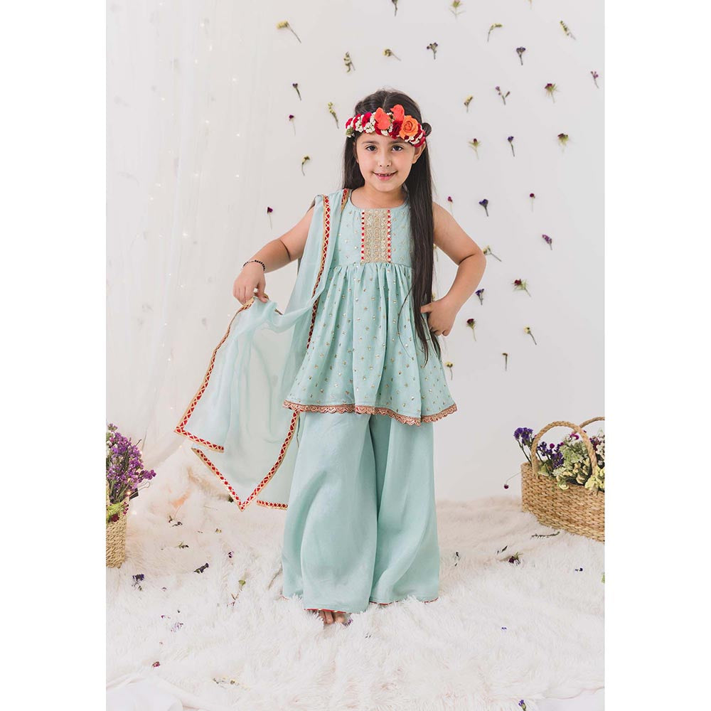 Chotibuti Embroidered Green Anarkali Kurti with Sharara and Dupatta