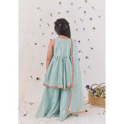 Chotibuti Embroidered Green Anarkali Kurti with Sharara and Dupatta