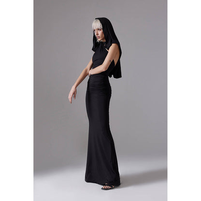 CILVR Black Hooded Long Dress With Open Back