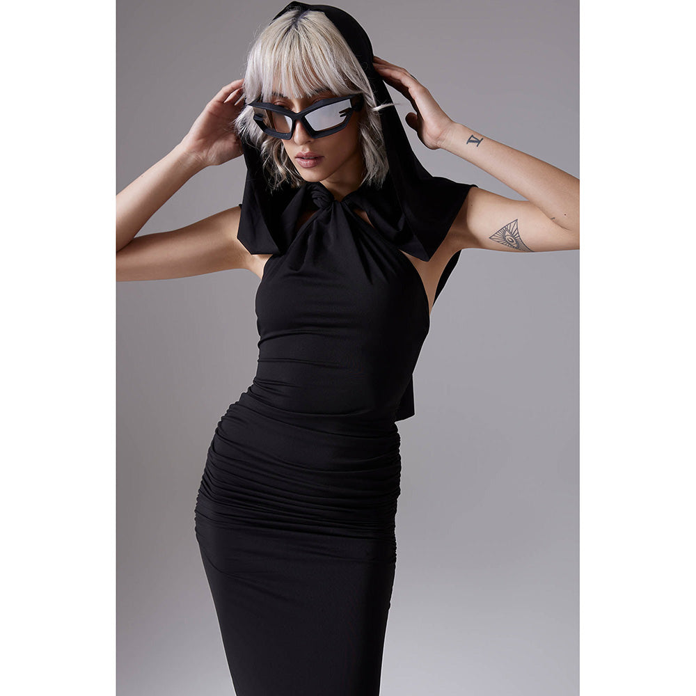 CILVR Black Hooded Long Dress With Open Back