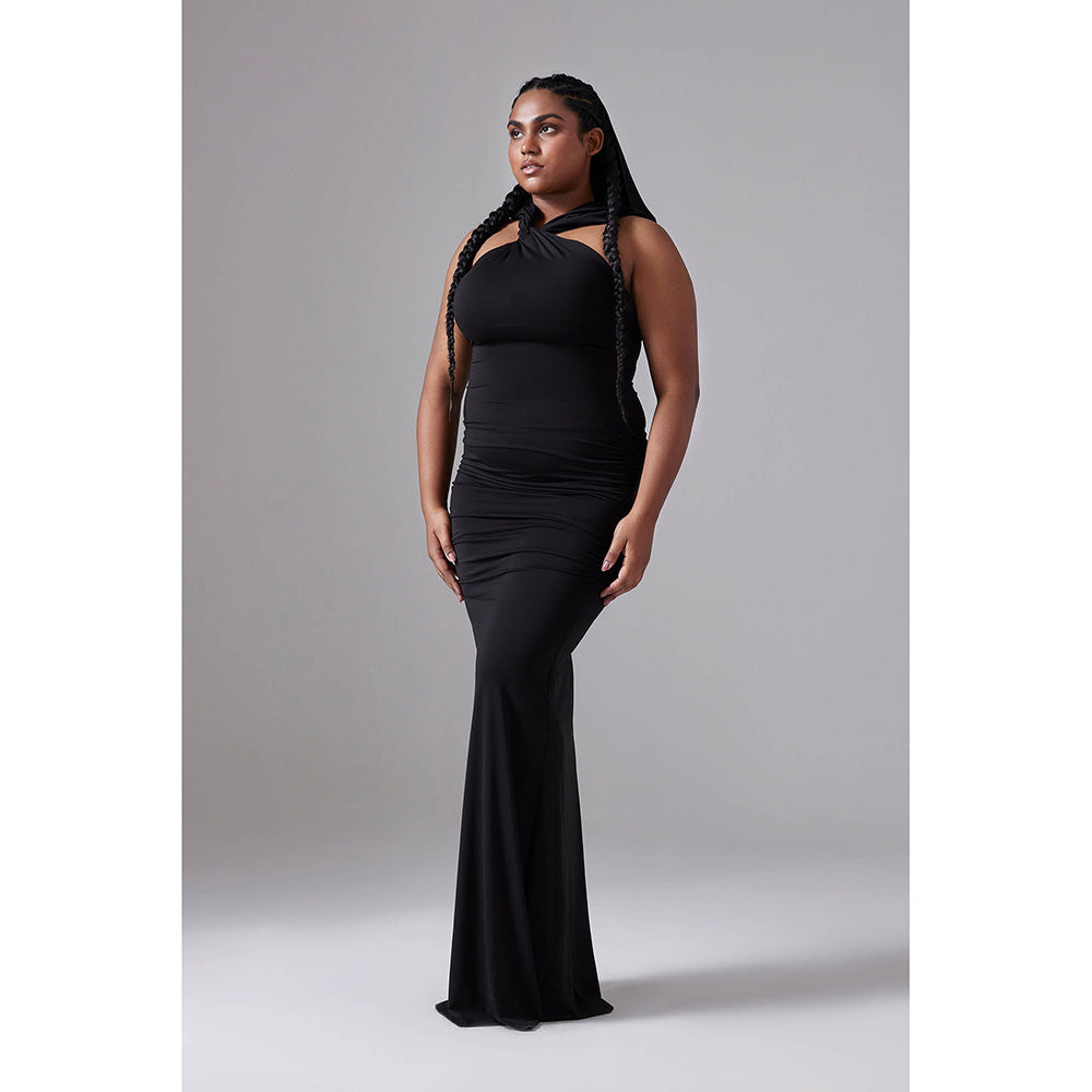 CILVR Black Hooded Long Dress With Open Back