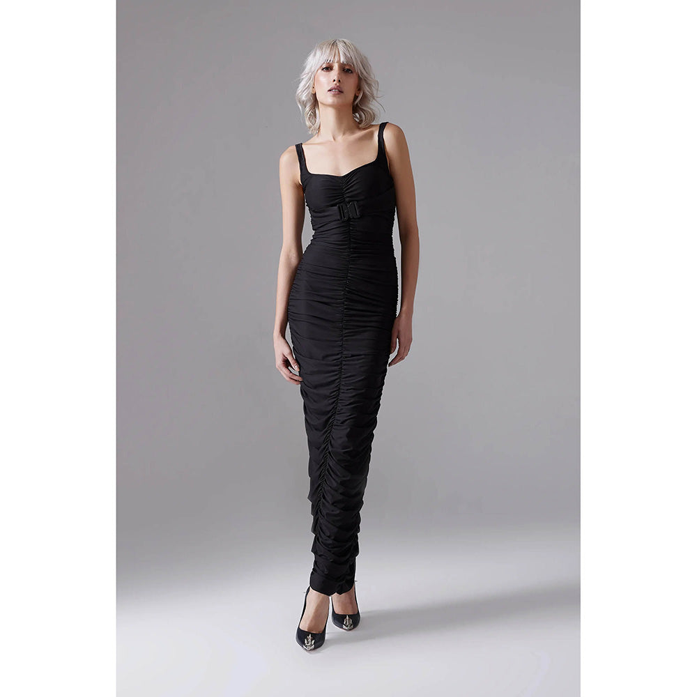 CILVR Black Ruched Long Dress With Attached Belt