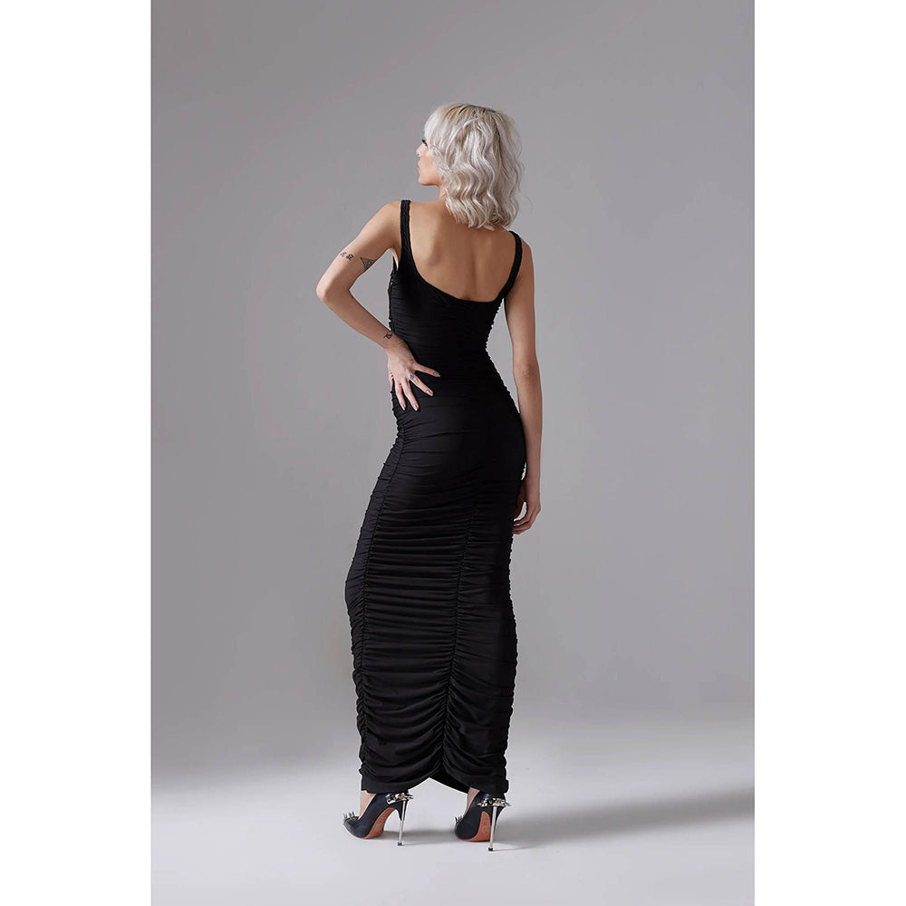 CILVR Black Ruched Long Dress With Attached Belt