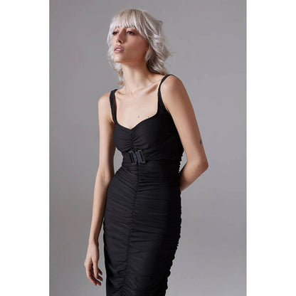 CILVR Black Ruched Long Dress With Attached Belt