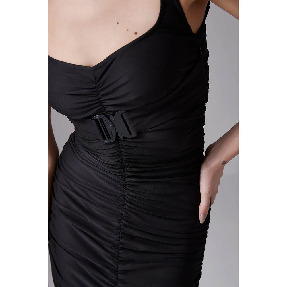 CILVR Black Ruched Long Dress With Attached Belt