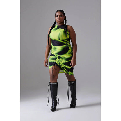 CILVR Asymmetric Ruched Mini Dress Acid Green