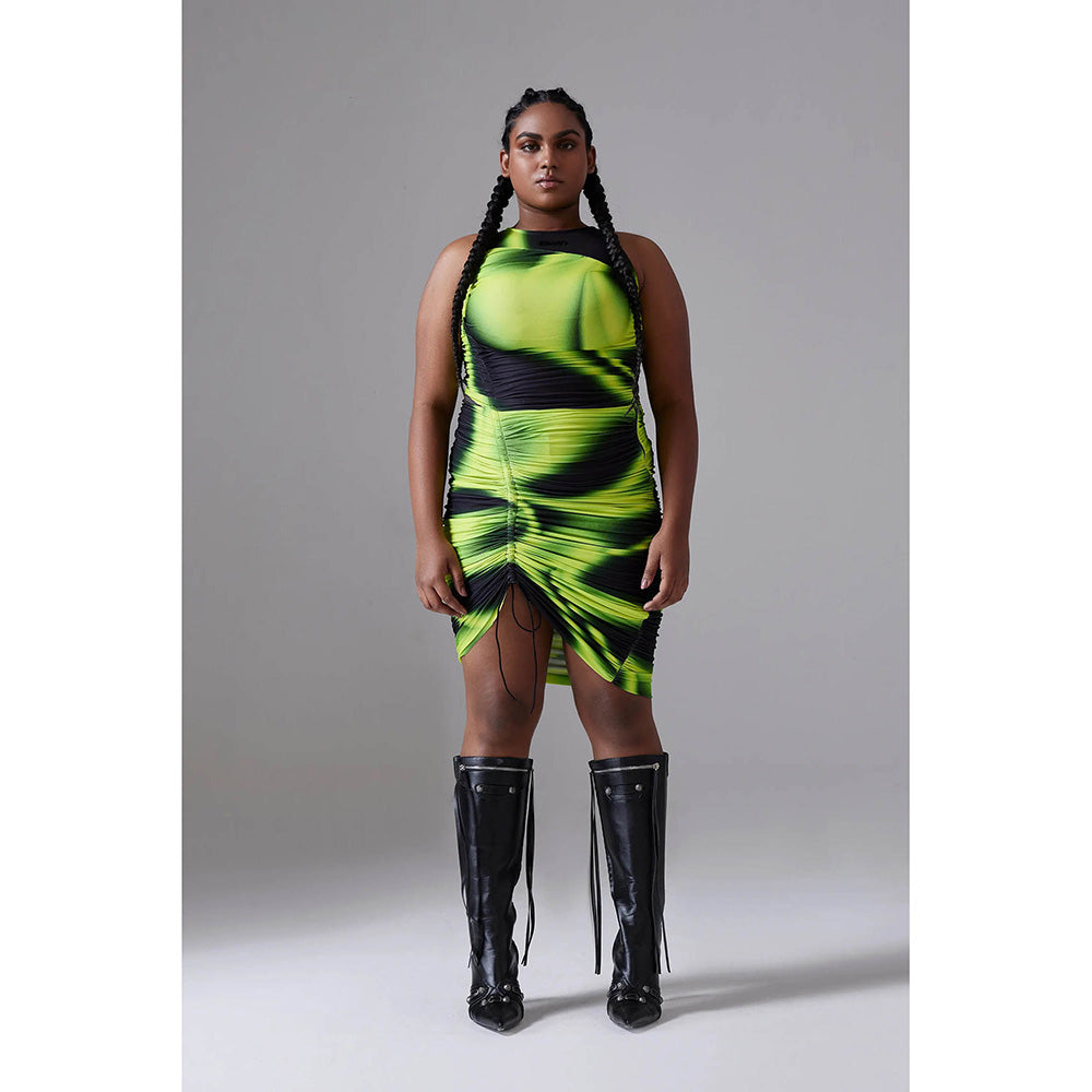 CILVR Asymmetric Ruched Mini Dress Acid Green