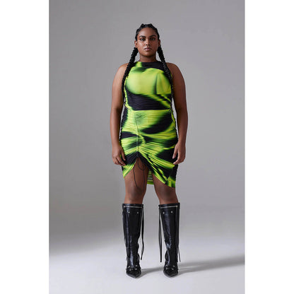 CILVR Asymmetric Ruched Mini Dress Acid Green