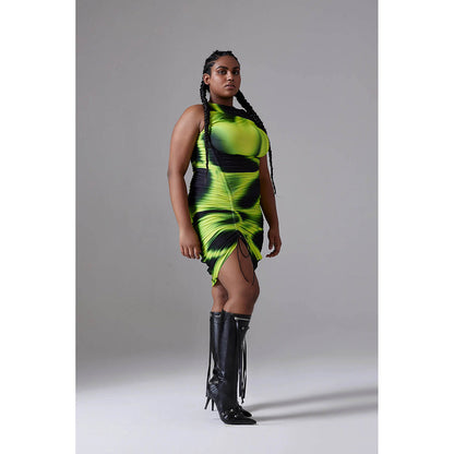 CILVR Asymmetric Ruched Mini Dress Acid Green