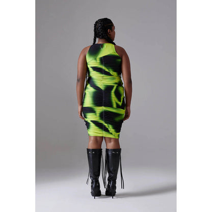 CILVR Asymmetric Ruched Mini Dress Acid Green