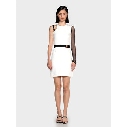 CILVR Black Mesh Panel Mini Dress With Attached Belt