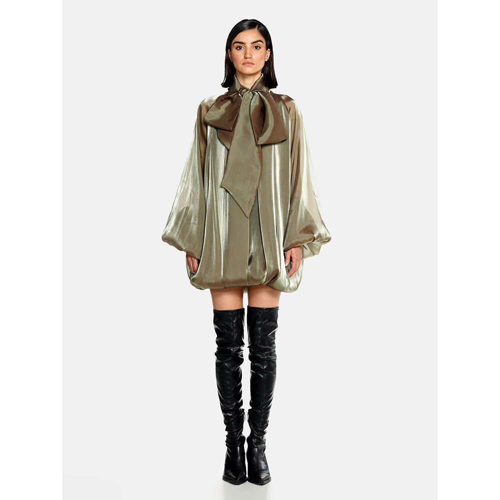 CILVR Olive Fluid Organza Puff Dress