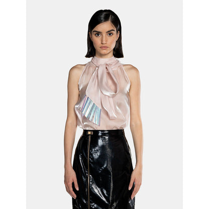CILVR Women's Pink Fluid Organza Fringe Crop Top