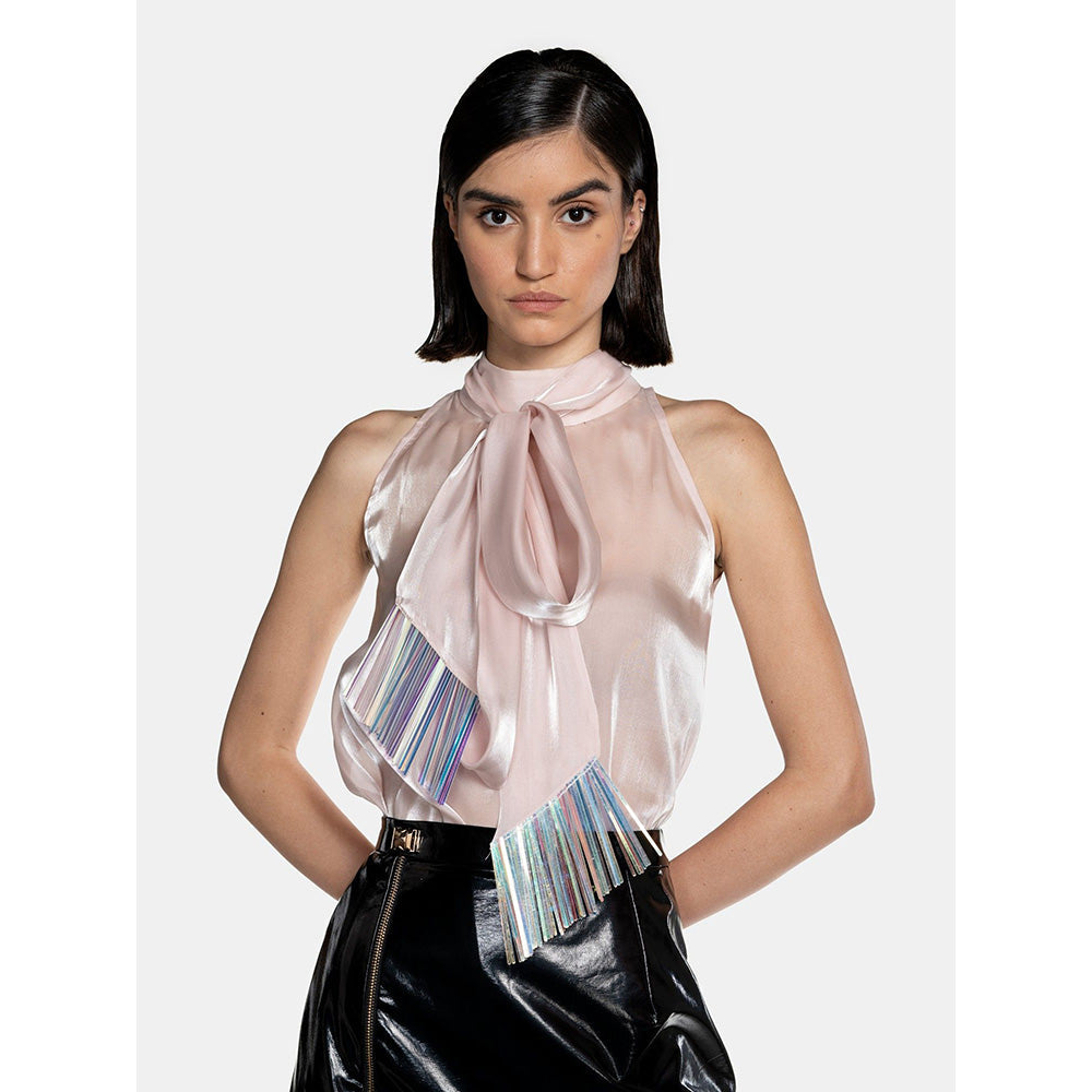 CILVR Women's Pink Fluid Organza Fringe Crop Top