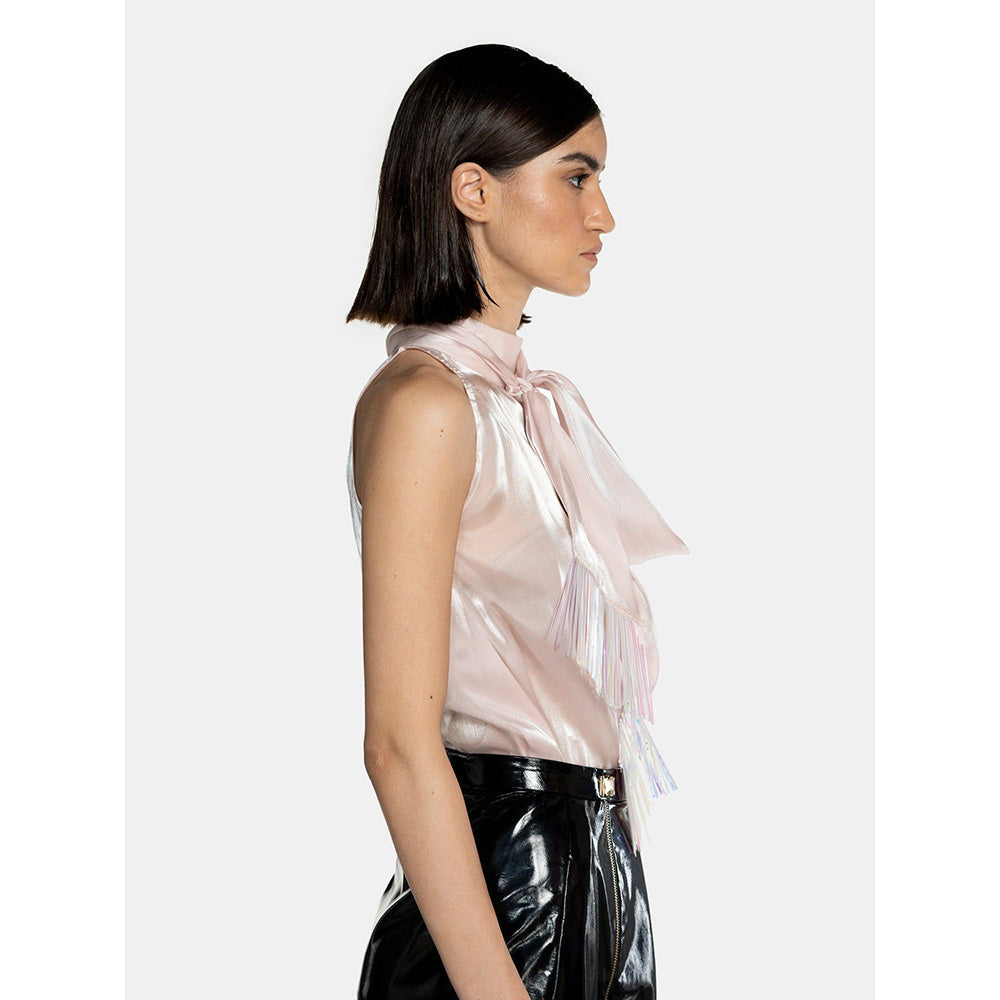 CILVR Women's Pink Fluid Organza Fringe Crop Top