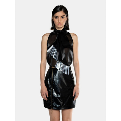 CILVR Women's Black Fluid Organza Fringe Crop Top