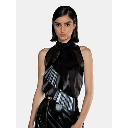 CILVR Women's Black Fluid Organza Fringe Crop Top