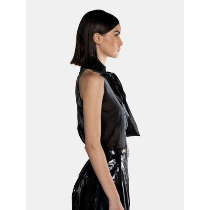 CILVR Women's Black Fluid Organza Fringe Crop Top