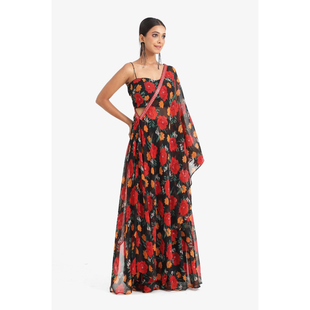 Closet Aura Floral Printed Sharara with Cape & Bustier (Set of 3)